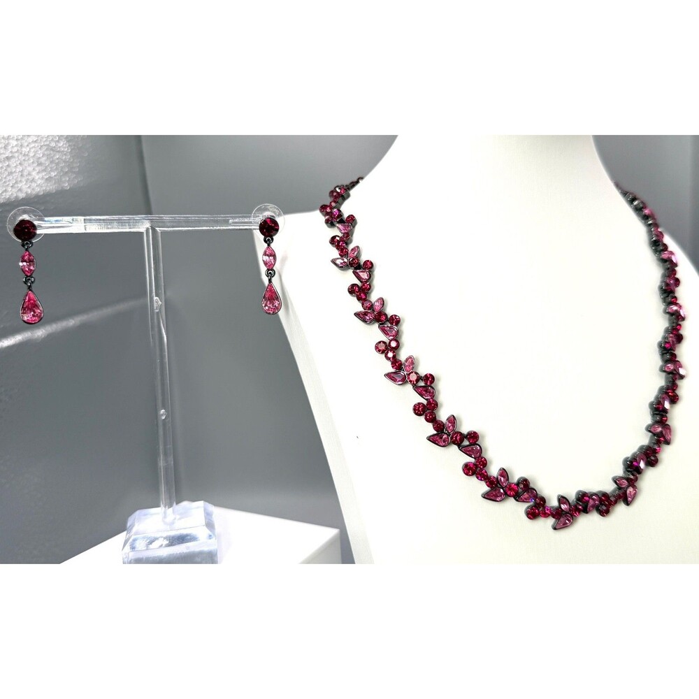 Givenchy Pink Crystal Statement Necklace Earrings Set Gunmetal Signed